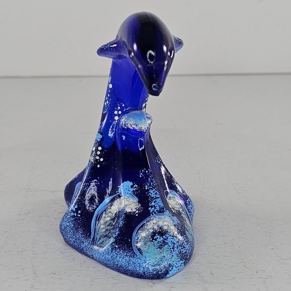 Fenton Art Glass Figurine Cobalt Blue Dolphin On Wave 4" Signed Hand Painted - Picture 3 of 10